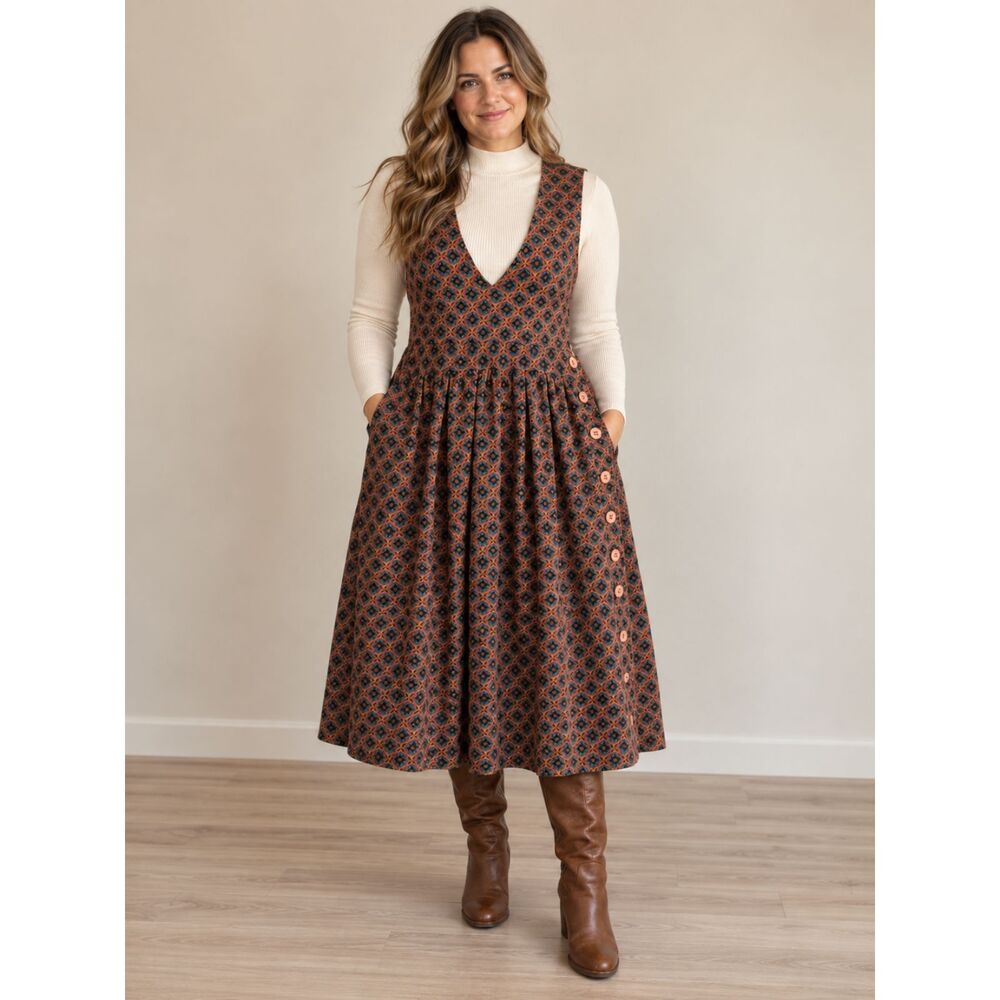 Vintage Via Sant Andrea 15/16 Geometric Pinafore Corduroy Jumper Dress V-Neck